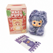 Kawaii Haci Pupu Gummy Bear Grape Flavor vinyl plush pendant in soft purple faux fur with box and character card