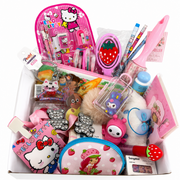 Kawaii back to school gift basket with strawberry stationery, pouches, pens, socks and accessories