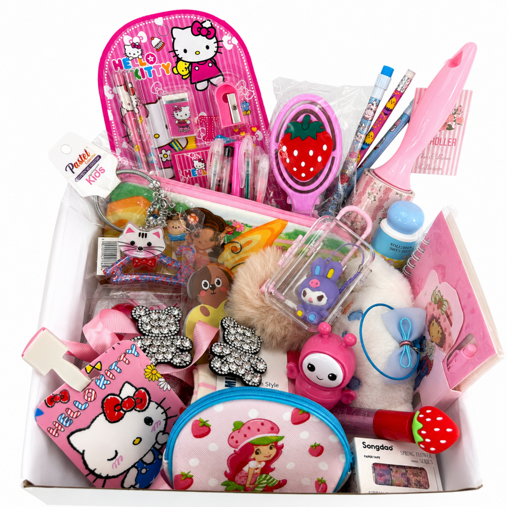 Kawaii back to school gift basket with strawberry stationery, pouches, pens, socks and accessories