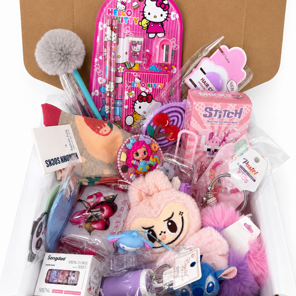 Kawaii back to school gift box with stationery, pens, pouch, socks, keychains, mirror, accessories, and plush items.
