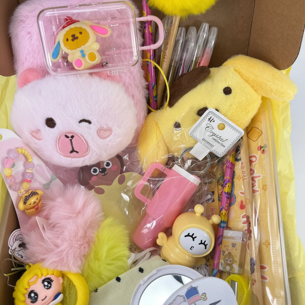 Kawaii beauty set for girls with lip balm, compact mirror, puppy sticky notes, mini suitcase and plush journal