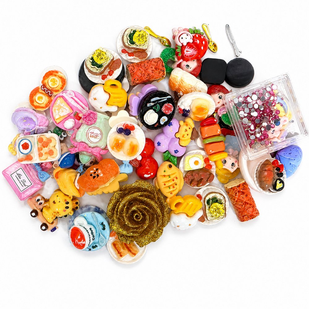 Kawaii food and café themed craft mix with colorful flatback charms, cabochons, gold glitter rose and pink rhinestones