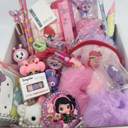 Kawaii girl gift set with glitter compact mirror, coin pouch, lip gloss, bracelets and novelty keychains