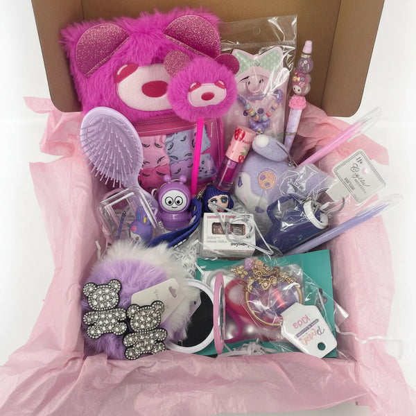 Kawaii girl gift set with hairbrush, lip gloss, bracelets, hair clips and keychains