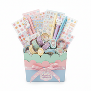 Kawaii mystery scoop box close up with colorful Japanese stationery surprise items