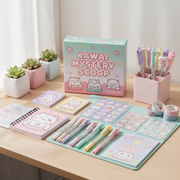 Kawaii mystery stationery scoop gift box on student desk - cute surprise gift for girls