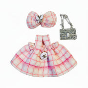 Kawaii outfit for 17cm doll: Plaid skirt with matching hair bow and pink rhinestone purse.