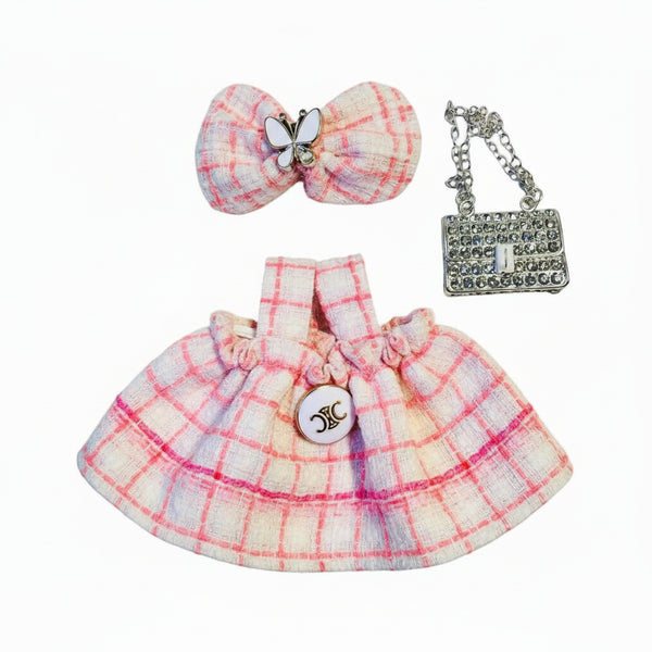 Kawaii outfit for 17cm doll: Plaid skirt with matching hair bow and pink rhinestone purse.