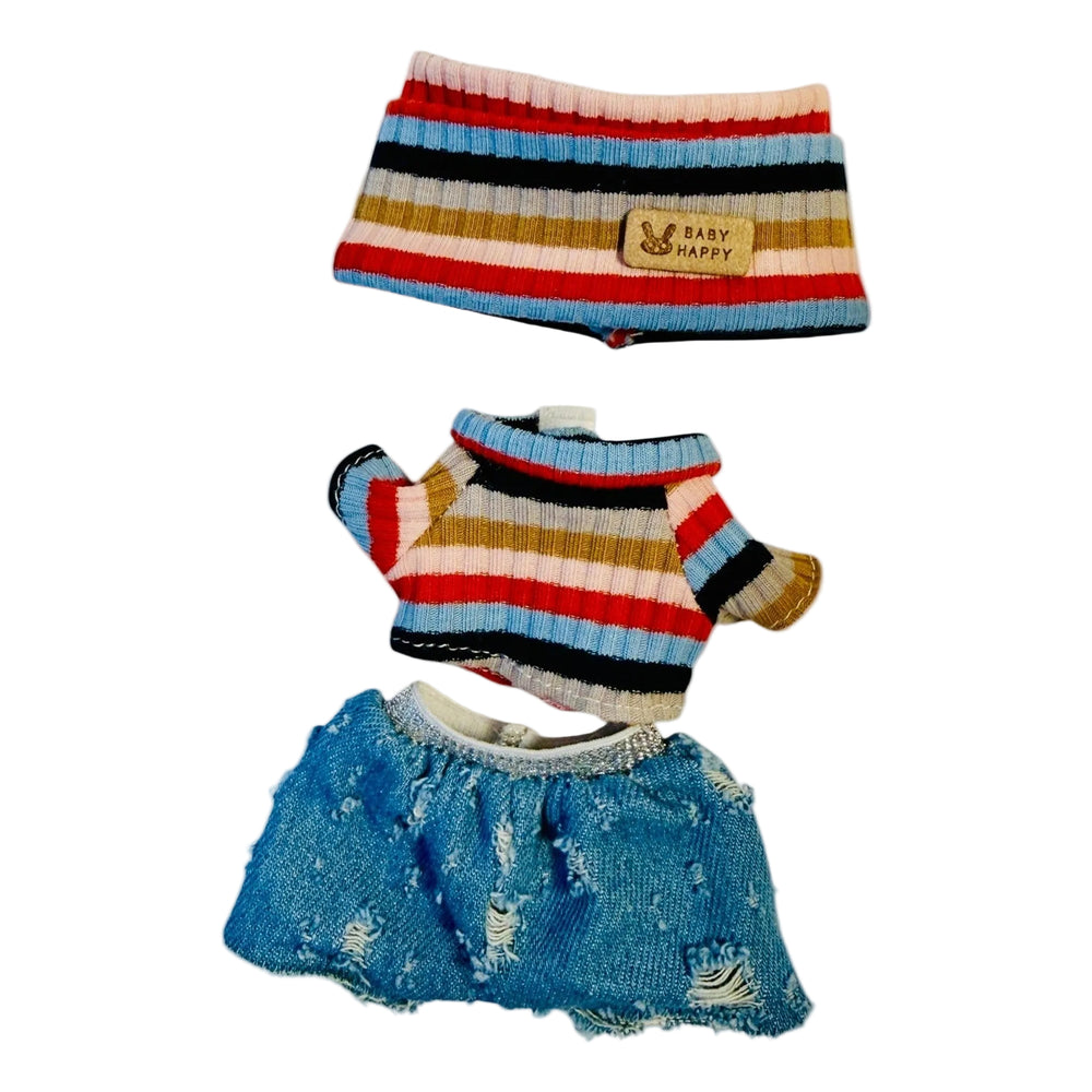 Kawaii outfit for 17cm doll:  plaid pants and matching stips multicolor sweater & head band