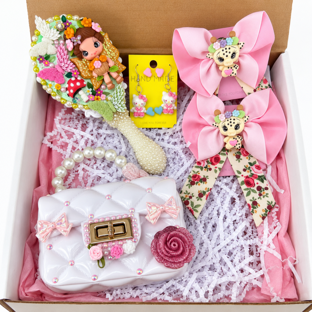 Kawaii pink accessory gift box with floral decorated mirror, pearl purse, two character bows, and matching jewelry.