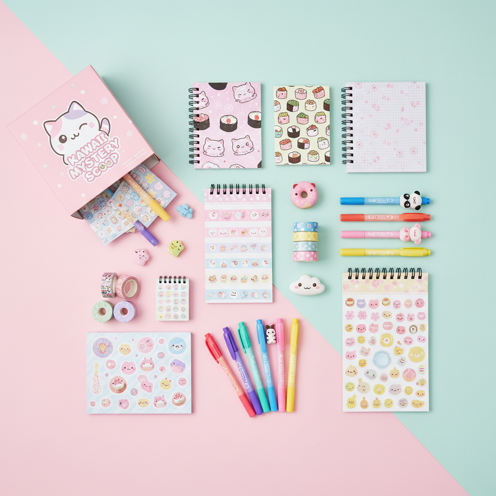 Kawaii stationery mystery box unboxing flat lay with pens stickers washi tape and notebooks