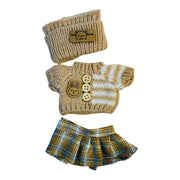 Knitted doll sweater with button details and a matching plaid skirt for 17cm doll collectible 