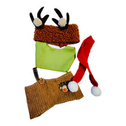 Knitted reindeer hat with brown antlers, green top, light brown short pants and red scarf, outfit for 17cm collectible dolls. xmas oulfit 