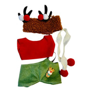 Knitted reindeer hat with brown antlers,  red top sleeveless green pants white scarf outfit for 17cm dolls. xmas oulfit 