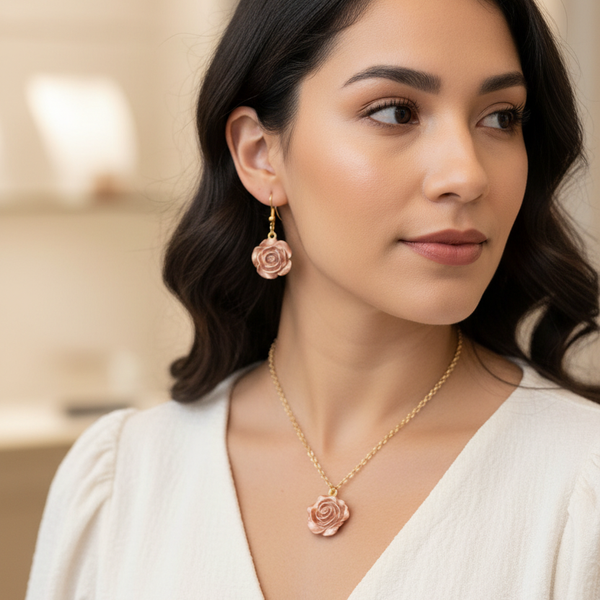 Latina model wearing the elegant Champagne Rose necklace and matching rose-shaped earrings.