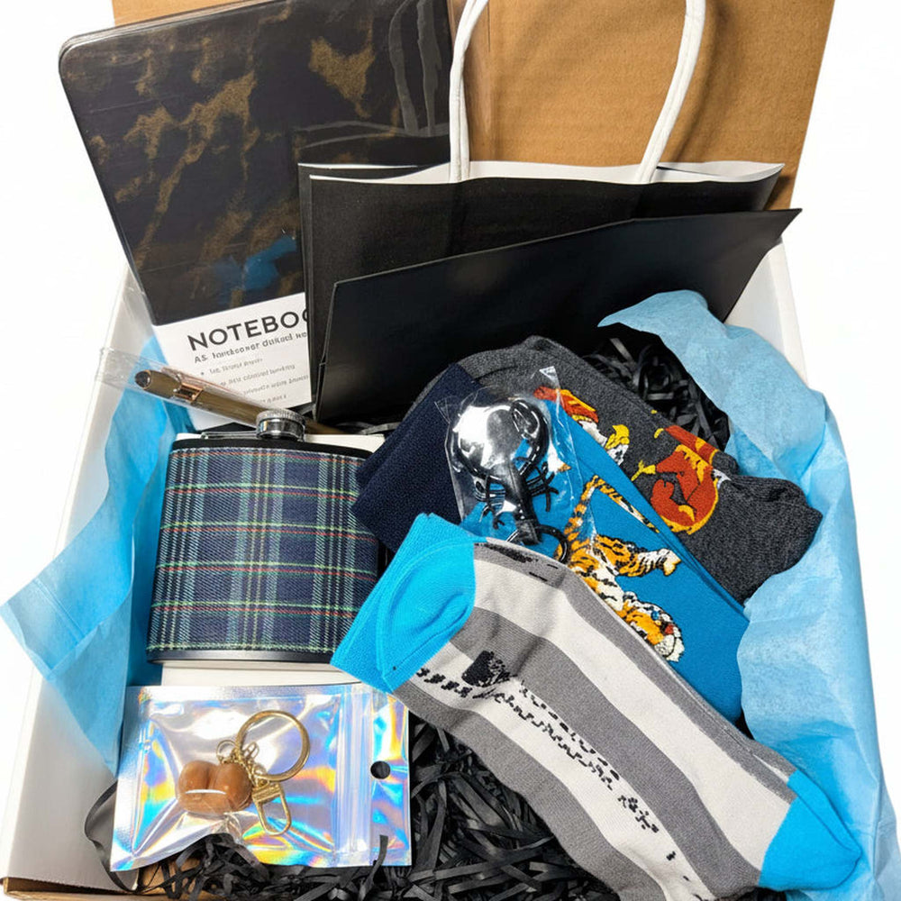 Luxury men's gift basket with premium accessories including flask