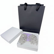 Luxury silver crystal fringe drop earrings displayed with premium white gift box and elegant black paper bag