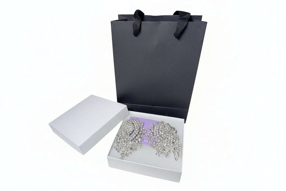 Luxury silver crystal fringe drop earrings displayed with premium white gift box and elegant black paper bag