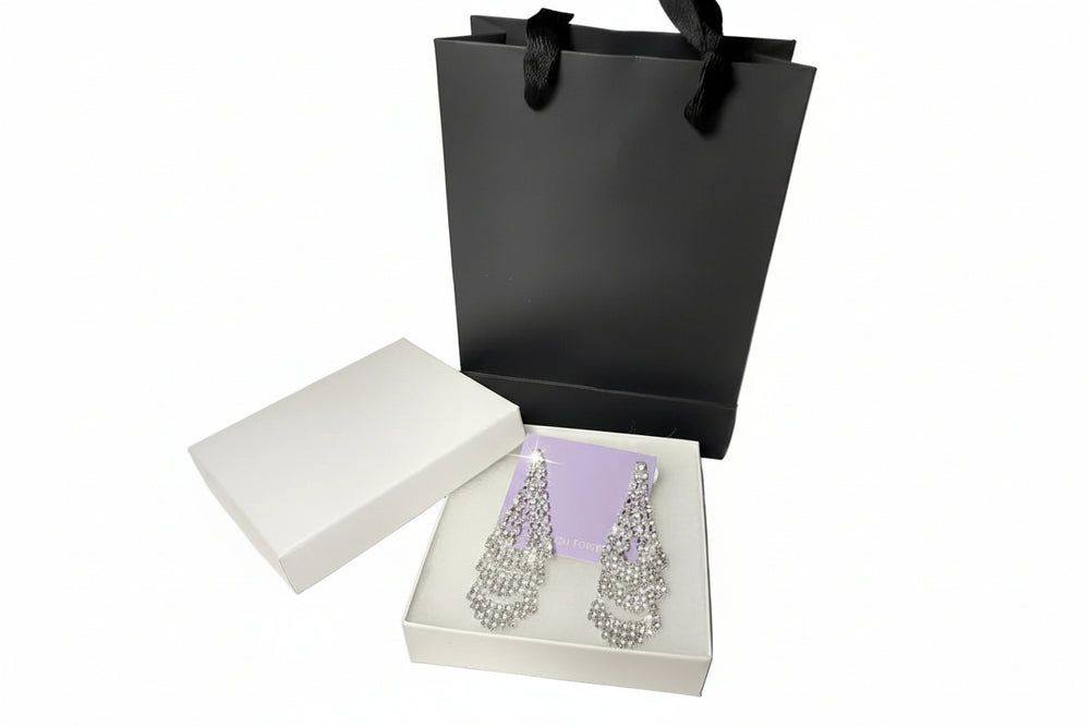 Luxury silver rhinestone dangle earrings displayed with premium white gift box and black paper bag