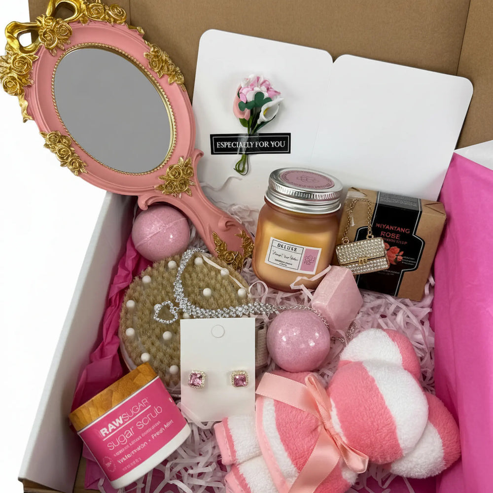 Luxury spa gift box with vintage mirror, bath bombs, rose soap, rhinestone purse, and crystal jewelry