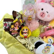 Main image of a kawaii gift set with plush journal, bunny plush, pens, bracelet, mirror, and playful accessories.