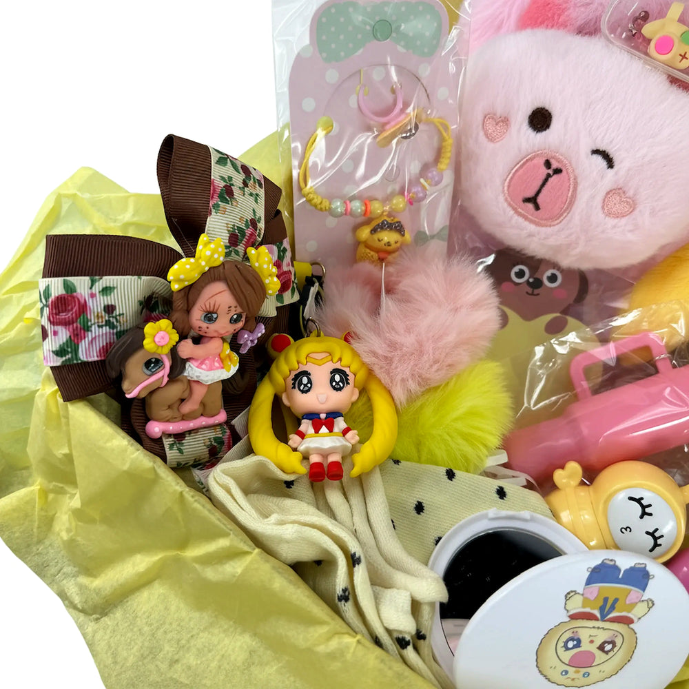 Main image of a kawaii gift set with plush journal, bunny plush, pens, bracelet, mirror, and playful accessories.