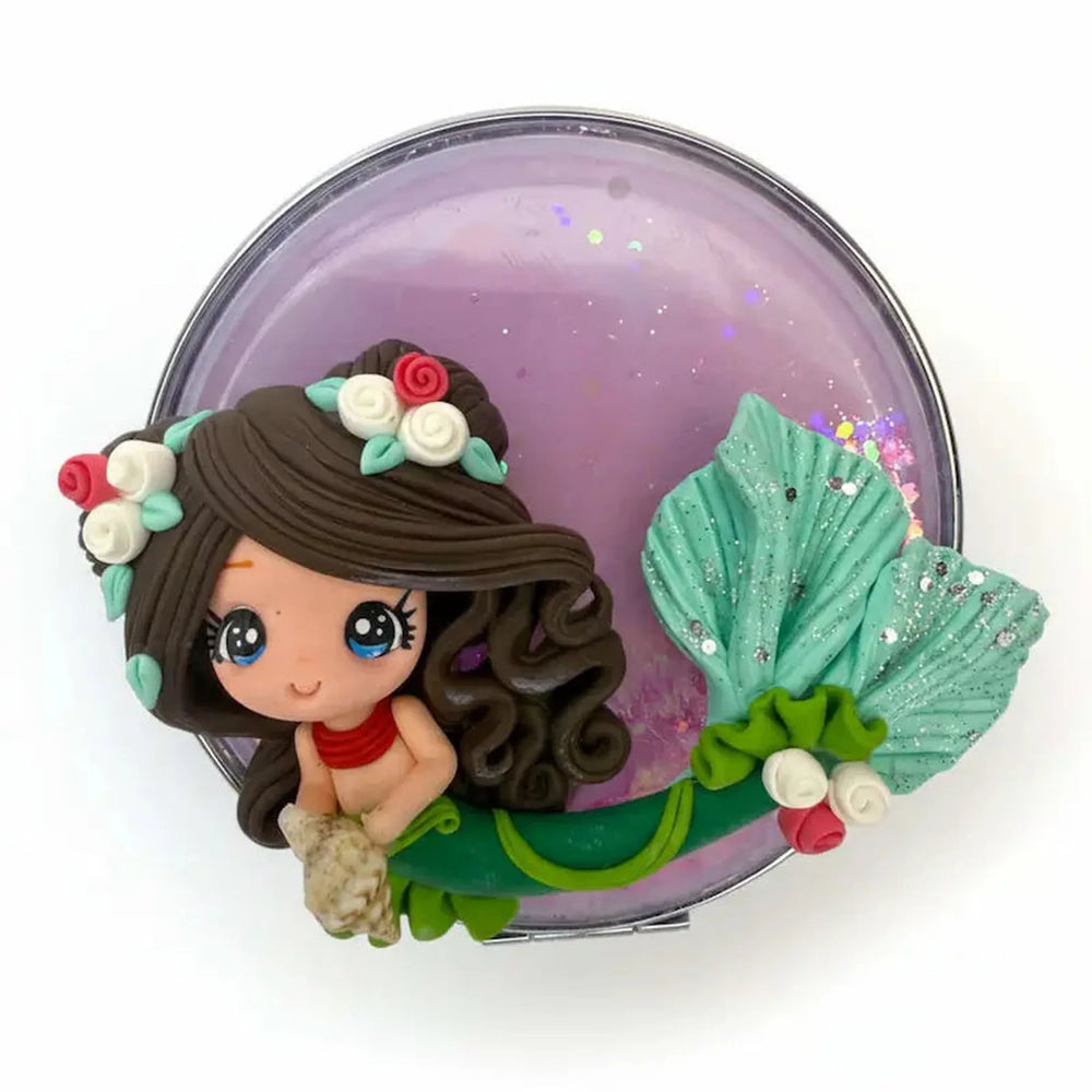 Mermaid-themed compact mirror with clay mermaid figurine - kawaii handmade vanity gift