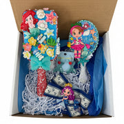 Mermaid gift set with decorated hair brush, small mirror, clay doll hair bow and mermaid tail earrings