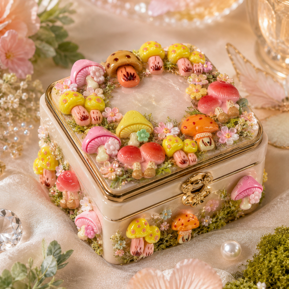 Mini enchanted forest shadow box with colorful mushrooms, butterflies, flowers, and warm lights