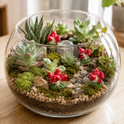 Mini red mushroom figurines arranged in a woodland fairy garden scene with moss and miniature decor