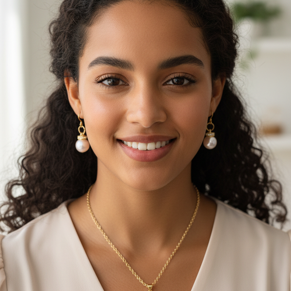 Model wearing handmade gold-tone heart necklace and pink faux pearl earrings set.