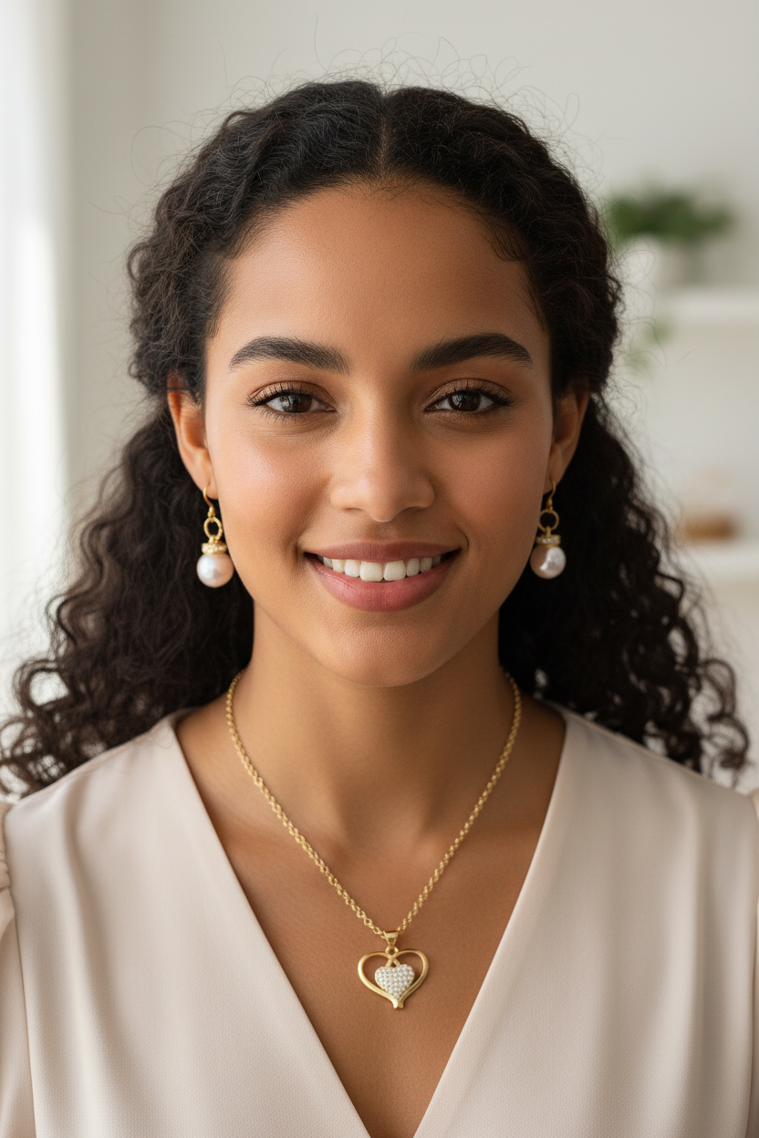 Model wearing handmade gold-tone heart necklace and pink faux pearl earrings set.
