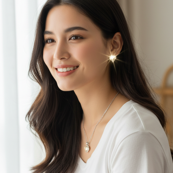 Model wearing silver-tone crystal heart necklace and earrings set.