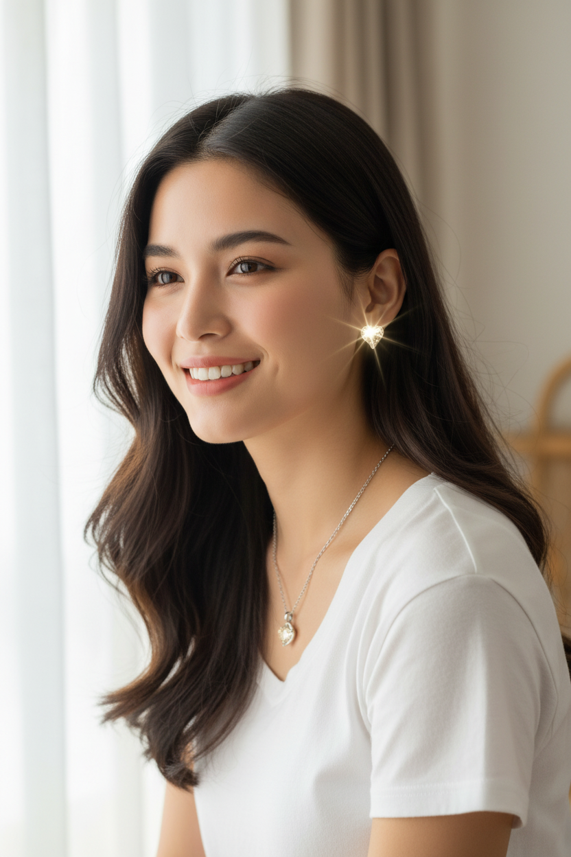 Model wearing silver-tone crystal heart necklace and earrings set.