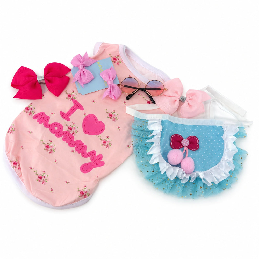Mommy’s Little Princess dog gift set with floral shirt, bow, and sunglasses size M