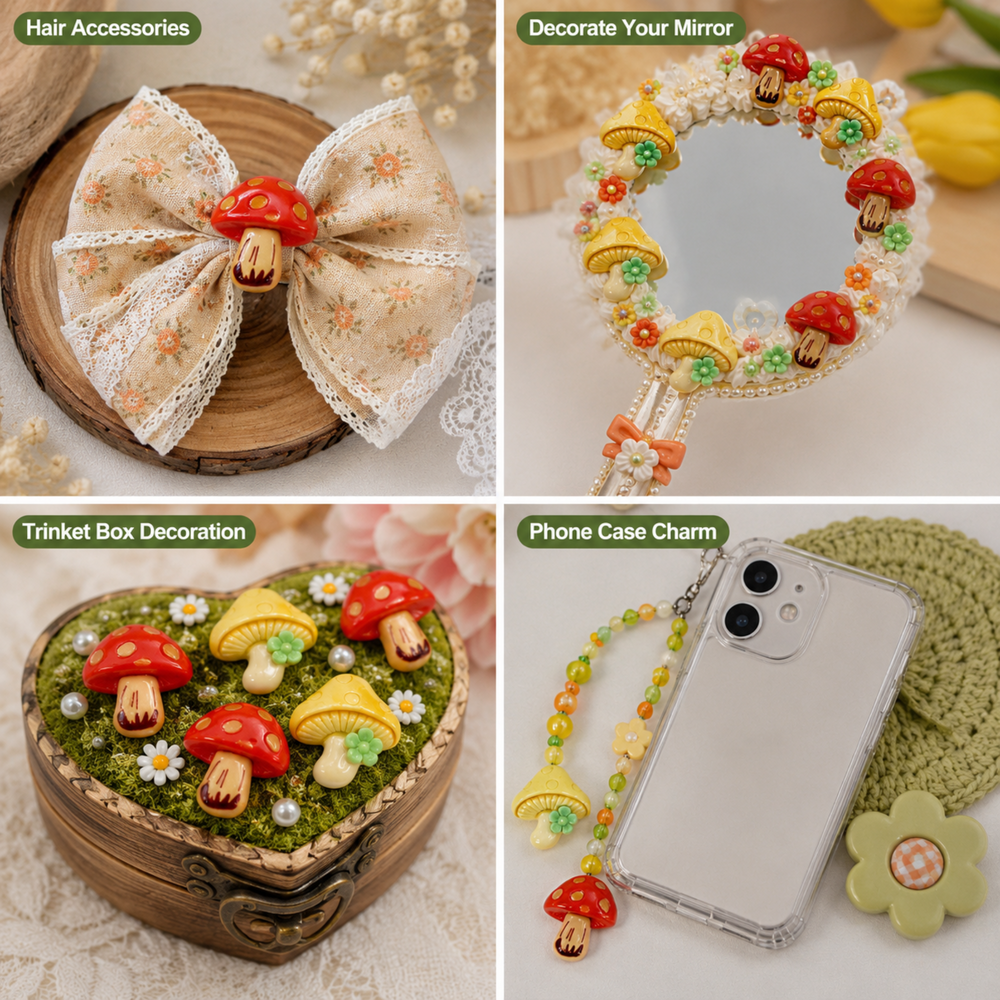 Mushroom flatback charms shown as a creative DIY idea on a decorative hair bow with woodland-inspired details.