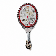 Music theme decorated hand mirror with red rhinestones, pearl accents and gray reflective surface