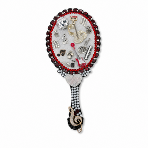 Music Theme Decorated Hand Mirror with Rhinestones, Pearls & Instrument Details