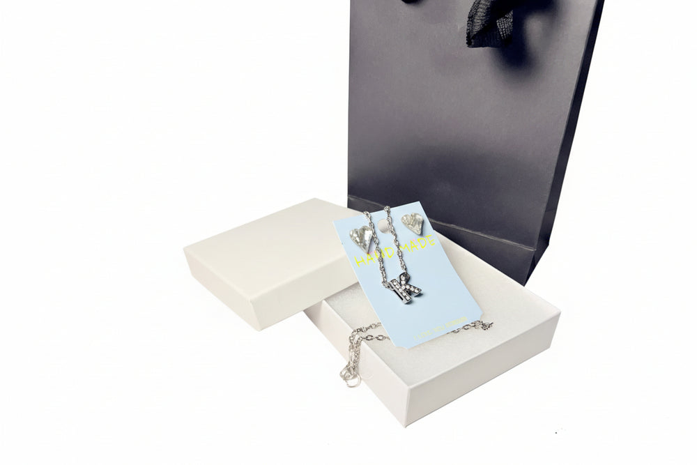 Handmade Silver-Tone Initial Letter K Necklace and Heart Crystal Earrings Set 