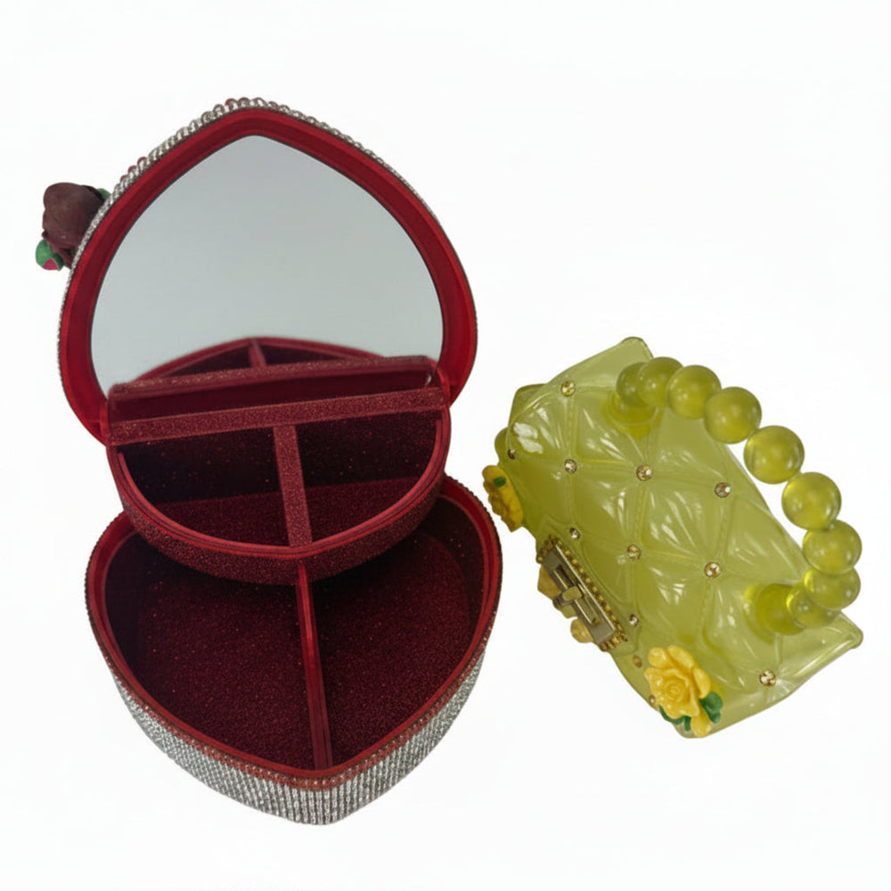 Open heart-shaped jewelry box with sparkling interior and yellow transparent purse, butterfly fairy gift set for girls