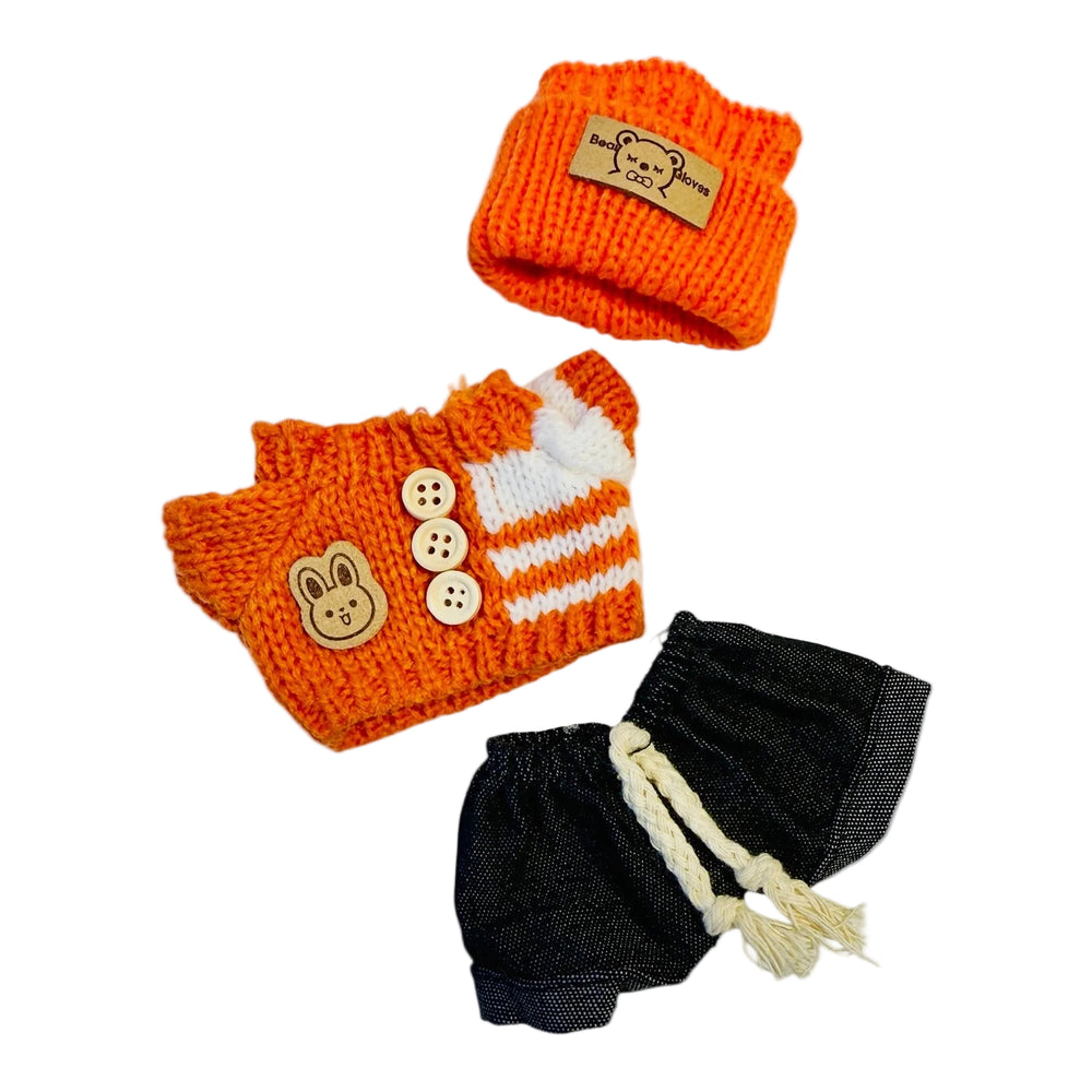 Orange and white swether, black short and a matching head band for 17cm collectible dolls