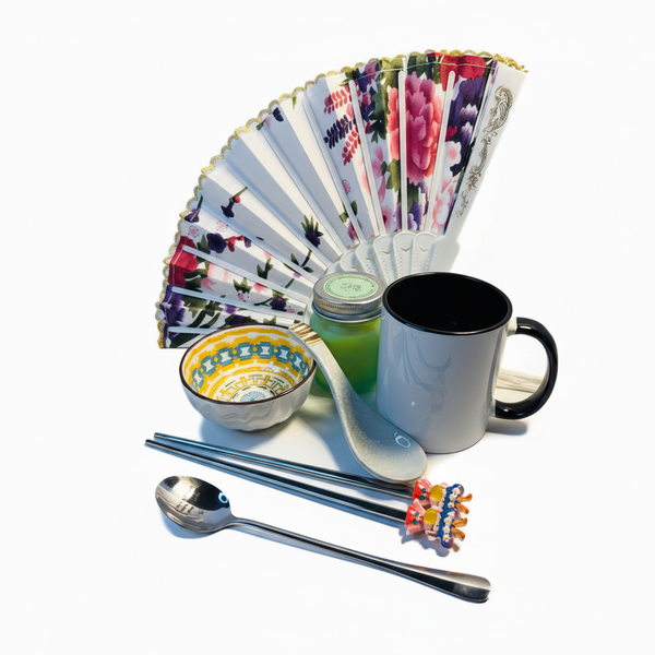 Oriental tea time gift box for women with ceramic mug, floral fan and porcelain bowl