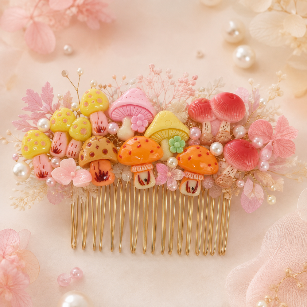 Pastel mushroom hair comb with pearl details and soft pink floral embellishments