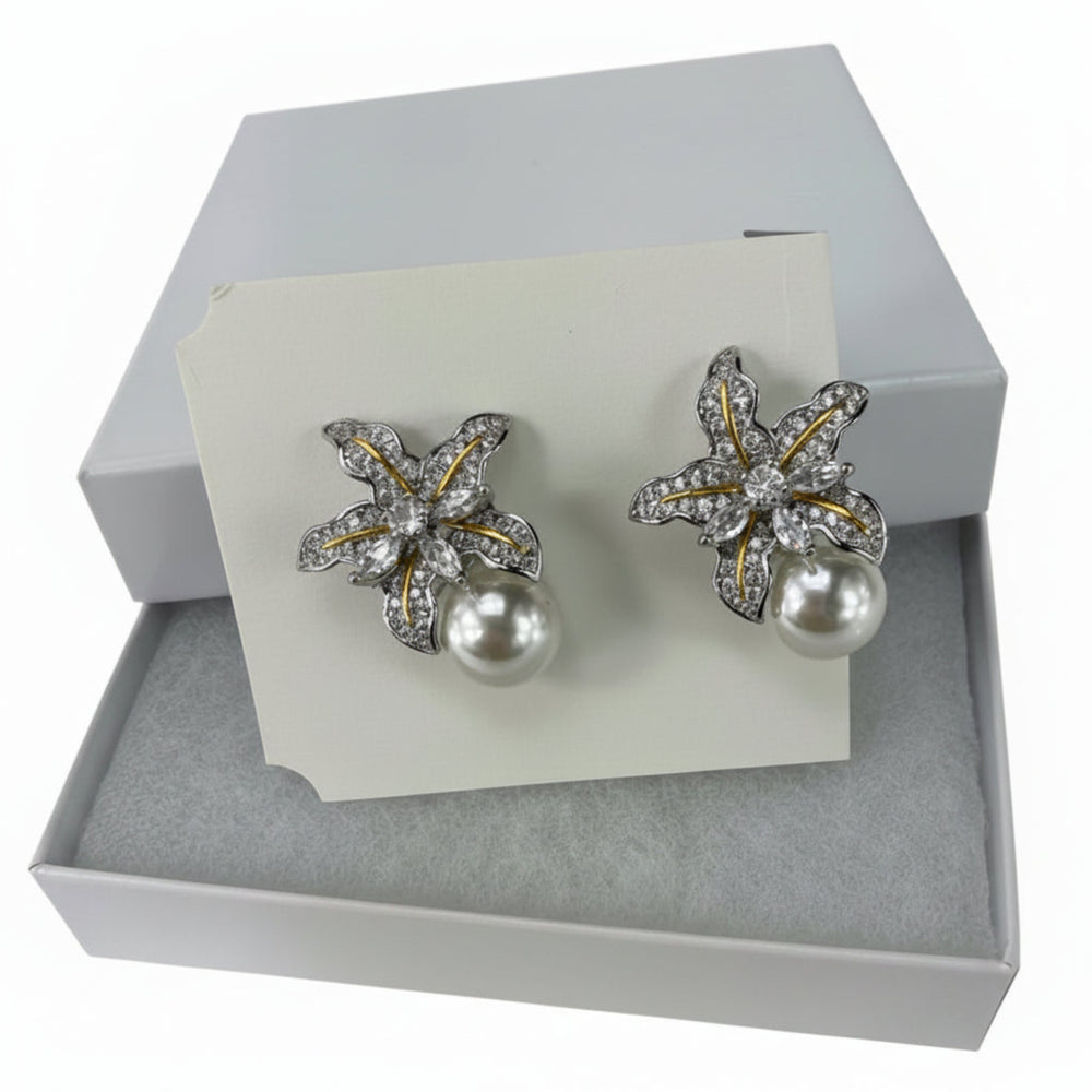Pearl-style floral earrings with crystal accents — unique jewelry gift for her, packaged in jewelry box