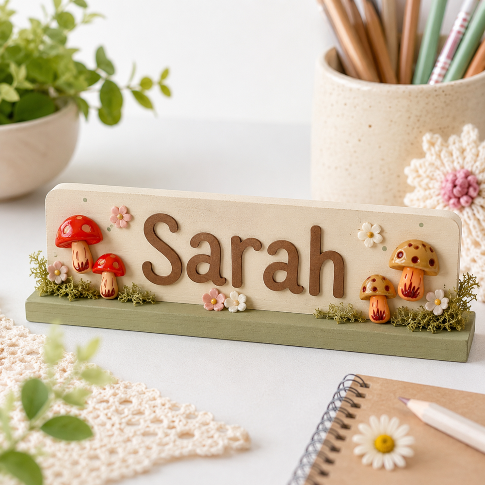 Personalized desk name sign reading Sarah, decorated with red and beige mushroom charms, small flowers, and moss accents.