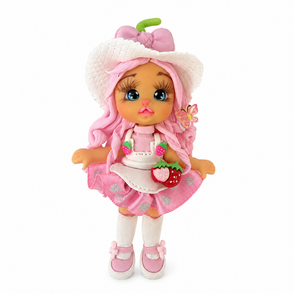 Pink-haired strawberry girl flex porcelain doll figure with white hat and blue eyes