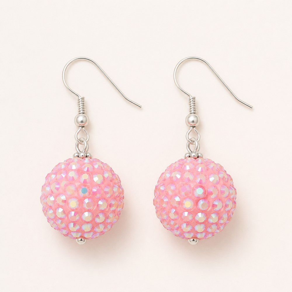 Pink AB rhinestone bead earrings with silver-tone hooks