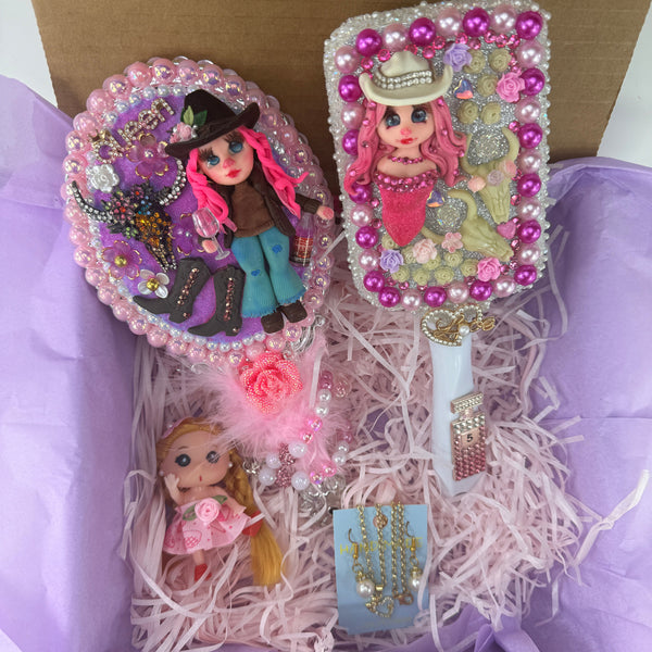 Pink Cowgirl Gift Box for Girls with handmade doll, decorated mirror, and hairbrush with western charms and pearls