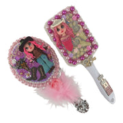 Pink Cowgirl hairbrush and decorated mirror set with western charms, pearls, and boutique details for girls