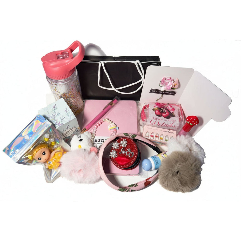 Pink Kawaii gift set for her: includes  strawberry lip gloss, fluffy scrunchies, and a decorated mirror. Perfect birthday gift box for daughter or best friend